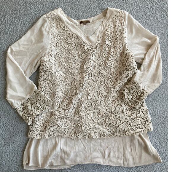 Piazza Roma Top Large Crochet Lace Lined Long Sleeve Cream Boho Beach Shirt - Picture 1 of 11